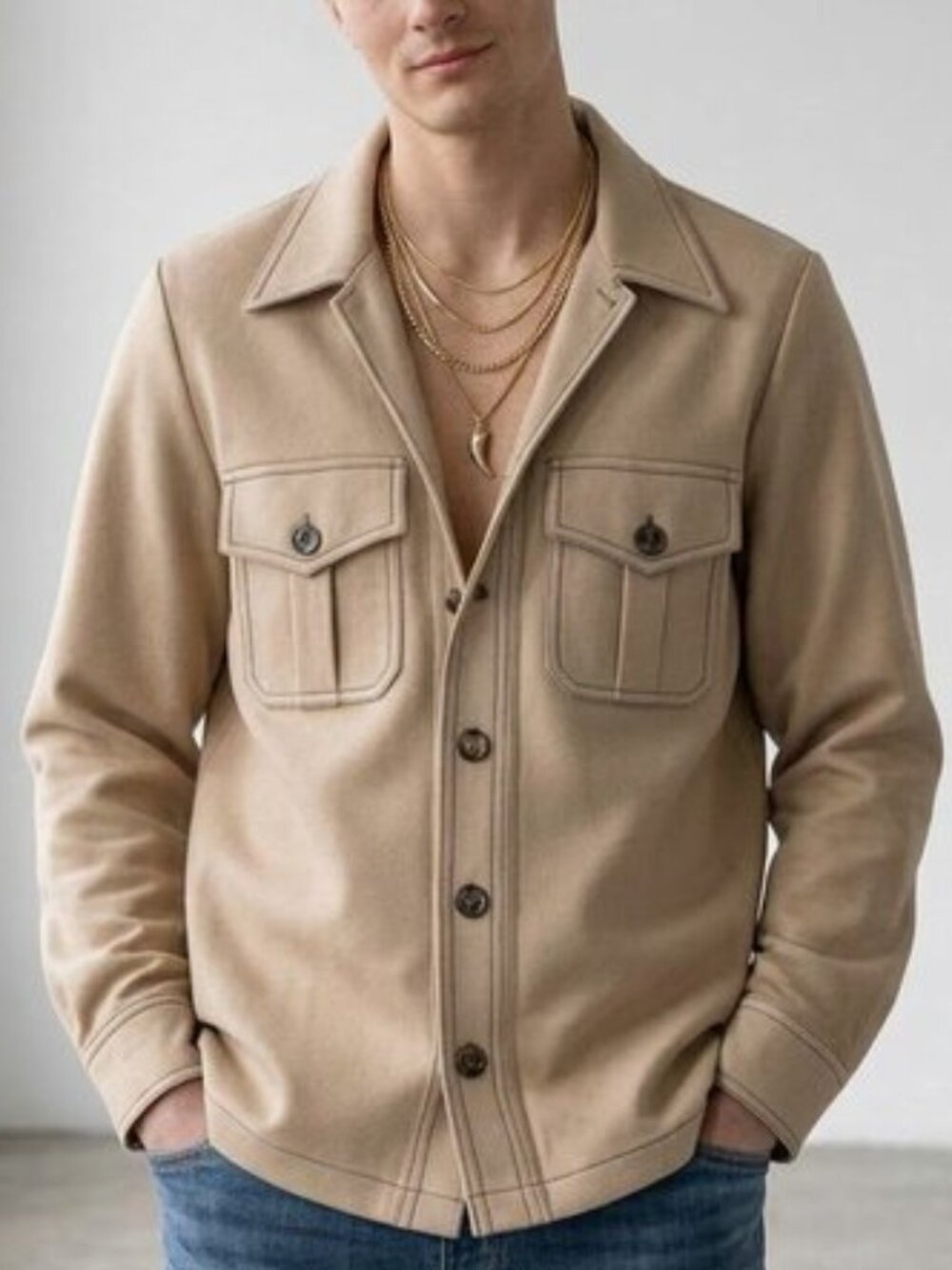 Vintage 70s Wide Collar Disco Polyester Ivory Safari Lounge Shirt Jacket Men's M